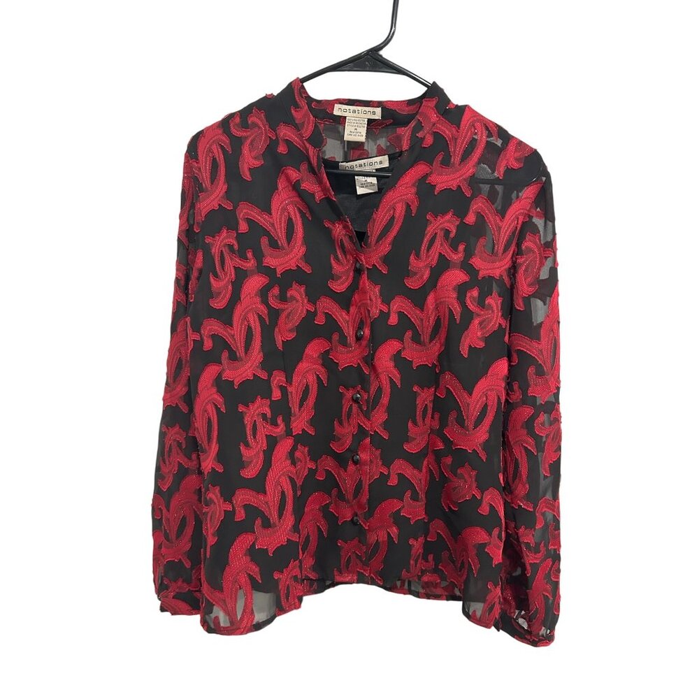Notations Sheer Black Red Embroidered Long Sleeve Blouse Black Tank Top Sz M